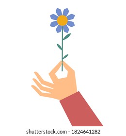 Hand holding a flower isolated on white. Vector iilustration. Flat style