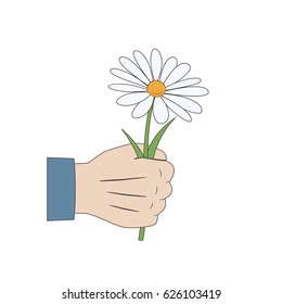 Hand holding a flower. Isolated vector illustration on white background.