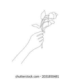 A hand holding a flower, Line vector drawing