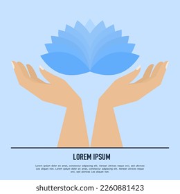 Hand holding flower, mental therapy, soul, mental illustration. Healthy food, health, diet, fitness medicine. Infographic flat illustration icon. Landing page site poster print.
