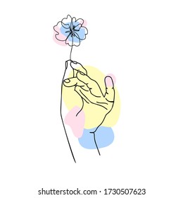 Hand holding a flower in modern abstract style. Hand drawn vector illustration for for print, card, poster.Concept of natural products, shop, cosmetic and health.