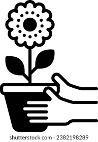 hand holding flower pot concept, greens keeper moving plant vector icon design, Outdoor Decor symbol, Farm and Plant sign, Mulching and Landscaping stock illustration