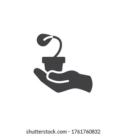Icono vectorial de la jarra de flores de mano. signo plano relleno para concepto móvil y diseño web. Mano con un icono de glifo de maceta. Símbolo, ilustración del logotipo. Gráficos vectoriales