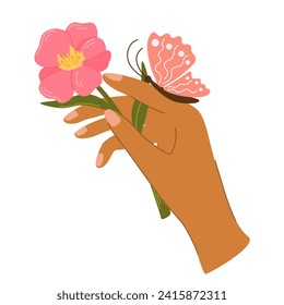 Hand holding flower. Spring garden flowers and summer wildflower and butterfly. Romantic floral decorative element isolated. Elegant summer gifts. Flat vector illustration.