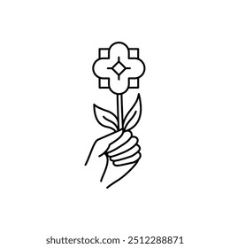 Hand holding flower. Vector editable stroke line. Graphic drawn isolated icon.