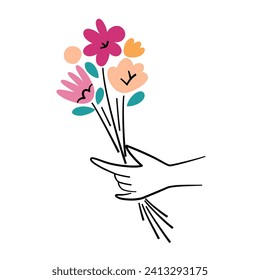 Hand holding flowers, beautiful bouquet icon, vector illustration of birthday or Valentines present, Mothers Day gift, love concept, good for greeting card, tulips, roses and daisy arrangement