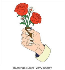 Mão segurando flores colorindo vetor.