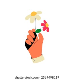 Hand Holding Flowers In Flat Vector Illustration Symbolizing Appreciation, Gratitude, And Kindness, Isolated On White Background.