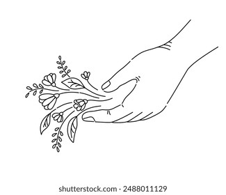 Hand holding flowers gesturing in outline drawing.