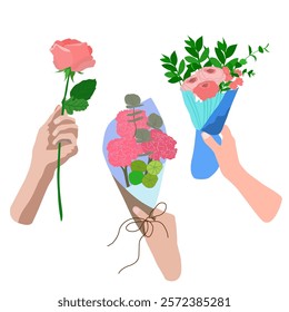 Hand holding flowers, giving love, graphics, bouquet, love, giving, group, three-handed design, Valentine's Day, wedding, anniversary, happiness, happy,
roses, decorative, leaves, graduation, ceremony