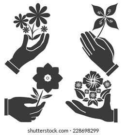 hand holding flowers set, vector set