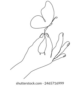 Mano sosteniendo la línea continua de mariposa voladora dibujada. Ilustración vectorial aislada en blanco.	