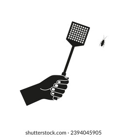 Hand, die ein Fliegensegel hält Symbol. Kakerlaken töten. Vektorgrafik. Flaches Design.