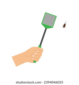 Hand holding a flyswatter icon. Kill cockroach. Vector illustration.