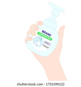 hand is holding a foaming hand soap pump bottle. hand disinfectant. diseases prevention. personal healthcare. product advertisement. illustration vector.