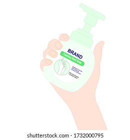 hand is holding a foaming hand soap pump bottle. hand disinfectant. diseases prevention. personal healthcare. product advertisement. illustration vector.