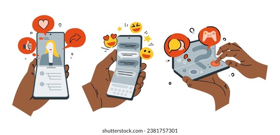 Hand holding foldable smartphone social media, chatting and playing game activity cartoon illustration