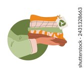 Hand holding folded clothes with a recycle tag. Arm presents a stack of garments made from sustainable materials. Flat vector illustration. Concept of reselling apparel and conscious consumption.