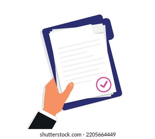 Hand holding folder documents. Folder with check mark and text. Stack of agreements document with approval check mark. Document in hand. Vector illustration flat design style