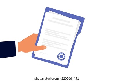 Hand holding folder documents. Folder with stamp and text. Stack of agreements document with approval stamp. Document in hand. Vector illustration flat design style