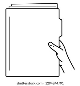 Hand holding a folder with documents.  Vector outline icon isolated on white background.