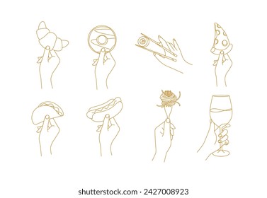 Hand holding food croissant, doughnut, sushi, pizza, taco, hot dog, spaghetti, wine drawing in linear style on beige background