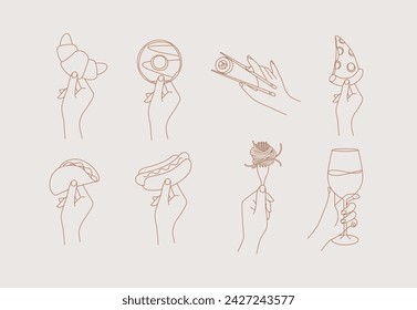 Hand holding food croissant, doughnut, sushi, pizza, taco, hot dog, spaghetti, wine drawing in linear style on light background