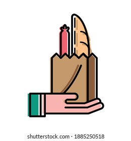 hand holding food delivery bag with bread and sausage design, logistics transportation and shipping theme Vector illustration