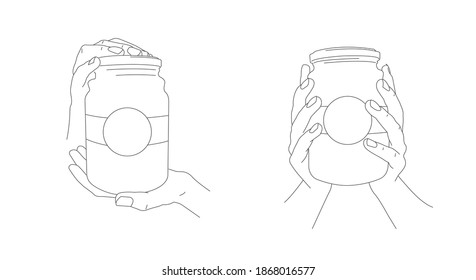 Hand holding food jar with jam, glass bottle with label, two positions of hands, presenting and giving, line sketch illustration