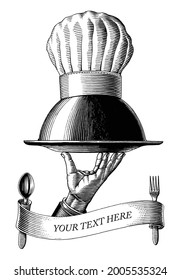 Hand holding food tray with chef hat drawing vintage engraving style black and white clip art isolated on white background