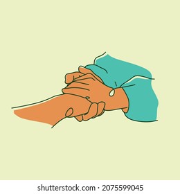 Hand holding in forgiving or calming pose. Line art style vector illustration suitable for wellness or mental health content