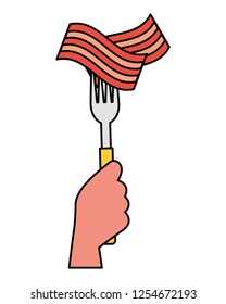 hand holding fork with bacon