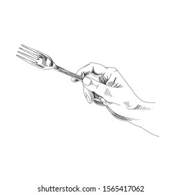 Hand holding fork black and white illustration. Tableware usage rules concept. Correct fingers position for holding fork realistic sketch. Etiquette manners for using silverware