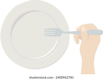 Hand holding a fork with blank dish plate. Top view. Hand drawn vector illustration.