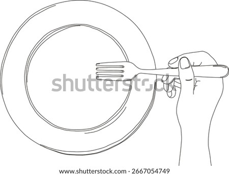 Hand holding a fork with a blank dish plate. Top view. Simple line art. Rough hand drawn vector illustration.
