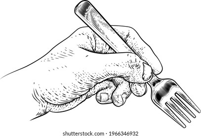 A hand holding a fork for eating food in a vintage retro engraved or etched woodcut print style
