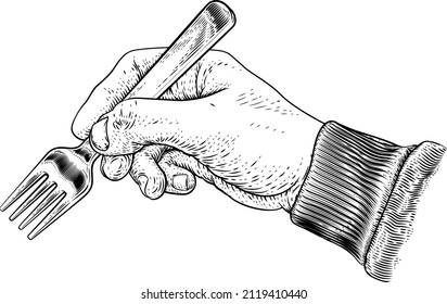 A hand holding a fork for eating food in a vintage retro engraved or etched woodcut print style