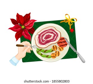 Rollo de carne de horquilla de mano con verduras como cena tradicional de Navidad por encima de Ver Ilustración vectorial