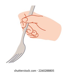 hand holding fork, illustration flat style, line, modern, color isolated on the white background