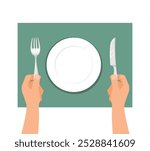 Hand holding fork and knife with empty plate