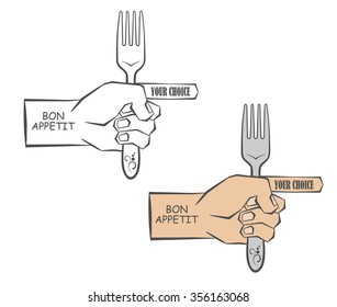 hand holding a fork and shows the direction for customers.
On a white background, to advertise your business cafe and restaurant. vector illustration