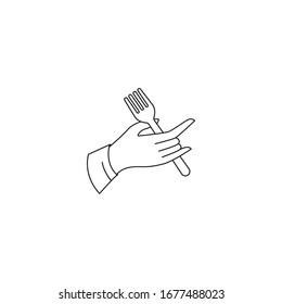Hand holding fork simple hipster restaurant cafe logo design concept. Vector illustration isolated on white background