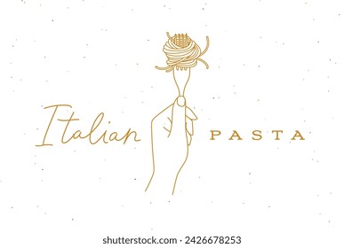 Hand-Haltegabel mit Spaghetti-Schriftzug Italienische Pasta-Zeichnung im linearen Stil auf beigem Hintergrund
