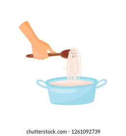 Hand holding a fork with spaghetti, pasta in saucepan, cooking process vector Illustration on a white background