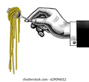 Hand Holding A Fork With Spaghetti. Vintage Stylized Drawing. Vector Illustration