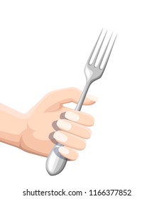 Hand holding a fork. Stainless kitchen utensil. Flat vector illustration isolated on white background. Colored icon for restaurant menu or cafe.