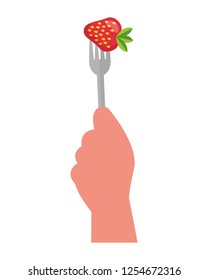 hand holding fork with strawberry
