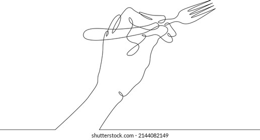 The hand is holding a fork. Traditional cutlery for eating.One continuous line drawing. Line Art isolated white background.