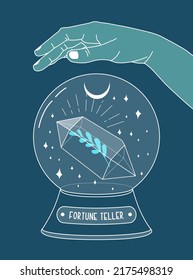 Hand holding fortune teller with crystal gem inside, outline illustration. Magic crystal concept. Modern vector illustration. Transparent line art gem with leaf and stars. Minimalistic design for web.