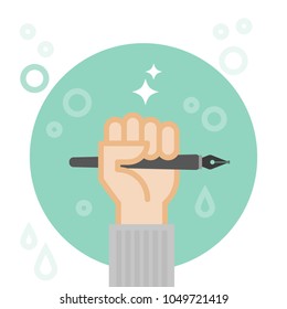 Hand holding fountain pen. Creativity concept. Vector illustration, flat design